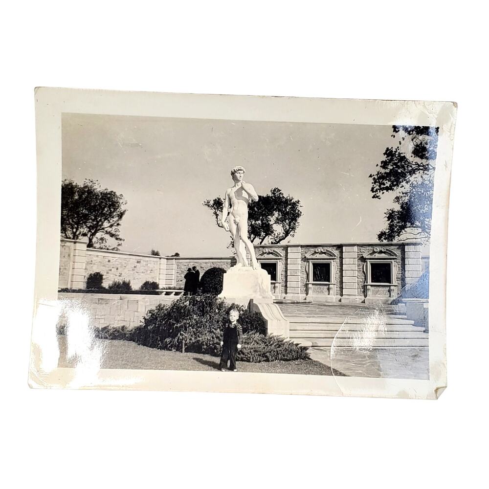 Vtg Boy Posing Statue of David B&W Monochrome Photography 1940s Found Snapshot